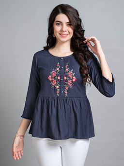 MOJILAA - Womens Navy Blue Pure Viscose Rayon Floral Embroidered Peplum Top