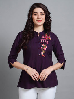 MOJILAA - Womens Wine Pure Viscose Rayon Floral Embroidered A-Line Top