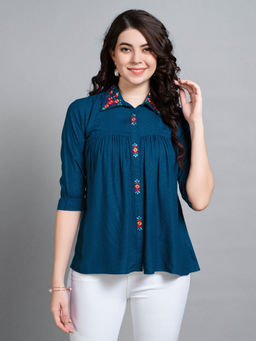 MOJILAA - Womens Teal Pure Viscose Rayon Floral Embroidered Shirt Style Top