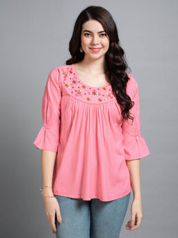 MOJILAA - Womens Peach Pure Viscose Rayon Floral Embroidered A-Line Top