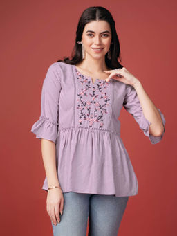 MOJILAA - Womens Lavender Pure Viscose Rayon Floral Embroidered Peplum Top