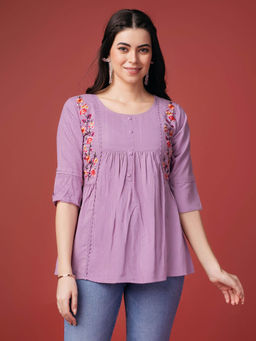 MOJILAA - Womens Lavender Pure Viscose Rayon Floral Embroidered A-Line Top