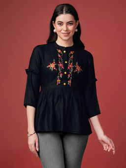 MOJILAA - Womens Black Pure Viscose Rayon Floral Embroidered Flared Top