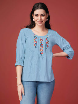 MOJILAA - Womens Sky Blue Pure Viscose Rayon Floral Embroidered A-Line Top