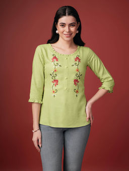 MOJILAA - Womens Lime Green Pure Viscose Rayon Floral Embroidered A-Line Top