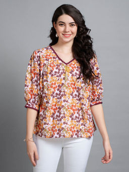 MOJILAA - Womens Multicolor Pure Cotton Blend Bored Schiffli A-Line Top