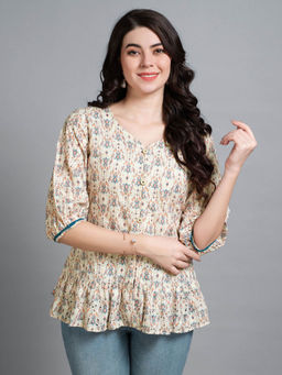 MOJILAA - Womens Cream Pure Cotton Blend Bored Schiffli Shirt Style Top