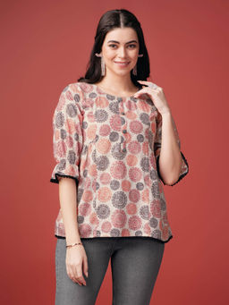 MOJILAA - Womens Beige Pure Cotton Blend Bored Schiffli Embroidered A-Line Top