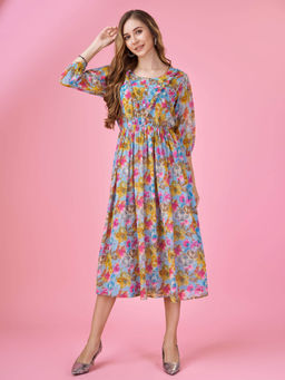 MOJILAA - Womens Blue Georgette Floral Printed Fit and Flare Dress with Ruffles