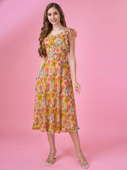 MOJILAA - Womens Mustard Georgette Floral Printed Flared Dress with Ruffles