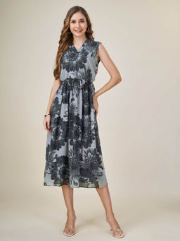 MOJILAA - Womens Black Georgette Floral Printed Gathered Dress