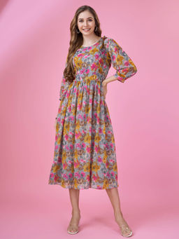 MOJILAA - Womens Grey Georgette Printed Fit and Flare Dress with Ruffles