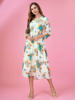 MOJILAA - Womens White Georgette Botanical Printed Flared Dress with Empire Style