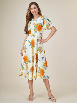 MOJILAA - Womens White Georgette Floral Printed Empire Dress