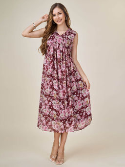 MOJILAA - Womens Burgundy Georgette Floral Printed Empire Dress
