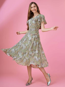 MOJILAA - Womens Olive Georgette Floral Printed Empire Dress with Ruffles