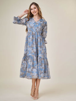 MOJILAA - Womens Blue Georgette Floral Printed Tiered Dress with Ruffles
