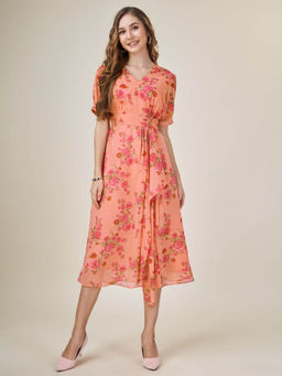 MOJILAA - Womens Peach Georgette Draped Floral Printed Flared Dress