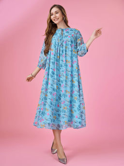 MOJILAA - Womens Blue Georgette Floral Printed Gathered Dress with Ruffles