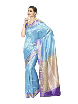 Banarasi Silk Works - Blue Tanchoi Stone Contrast Border Art Saree with Unstitched Blouse