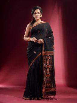 CHARUKRITI - Black with Zari Motif and Pattern Saree with Unstitched Blouse