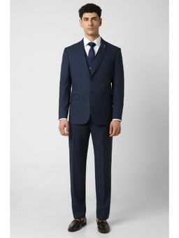Van Heusen - Men Navy Textured Slim Fit Wedding Blazer Trouser & Waist Coat (Set of 3)