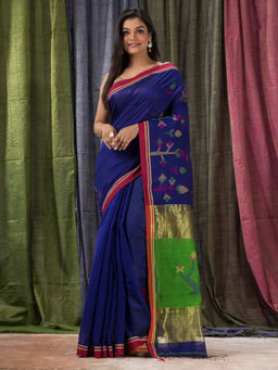 Angoshobha - Blue Cotton Blended Traditional Jamdani Saree with Unstitched Blouse