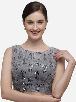 Amrutam Fab - Womens Sequences Grey Silk Stiched Blouse With Boat Neck