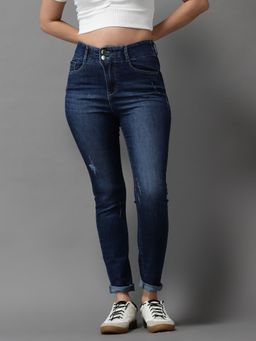 SHOWOFF - Womens High-rise Navy Blue Low Distress Jeans