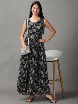 SHOWOFF - Womens Fit And Flare Round Neck Black Sleeveless Dress (Set of 2)