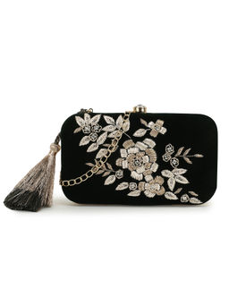Anekaant - Gaud Black and Gold Floral Embellished Velvet Clutch