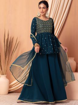 Indya Luxe - Teal Sharara with Sequin and Zari Embroidered Kurti & Dupatta (Set of 3)