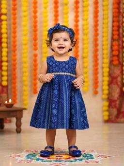 Many Frocks - Blue Sleeveless Floral Printed Embellished Knee Length Dress