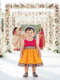 Many Frocks - Orange Sleeveless Colour Woven Boti Colorblock Knee Length Dress