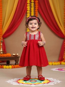 Many Frocks - Red Sleeveless Leaf Embroidered Knee Length Baby Dress