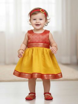 Many Frocks - Yellow Brocade and Chanderi Sleeveless Colorblock Knee Length Dress