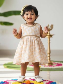 Many Frocks - Off White Silk Sleeveless Flower Woven Embellished Knee Length Dress