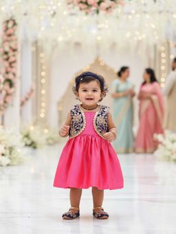 Many Frocks - Pink Velvet Embroidered Koti Sleeveless Knee Length Dress