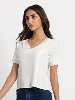 SHAYE - V-neck White Floral Short Sleeves Casual Top for Women