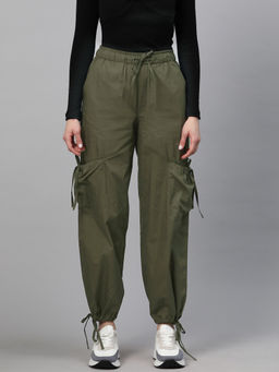 Popnetic - Women Loose Fit Olive High-Rise Parachute Cargo Trouser
