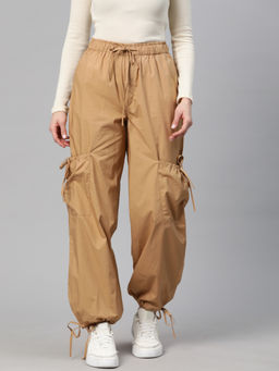 Popnetic - Women Loose Fit Brown High-Rise Parachute Cargo Trouser