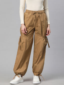 Popnetic - Women Loose Fit Taupe High-Rise Parachute Cargo Trouser