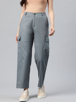 Popnetic - Women Solid Slate Grey Flat-Front High-Rise Cargos