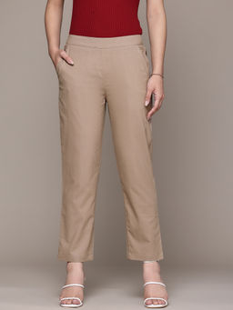 Popnetic - Women Beige Cropped Cotton Trouser Pants