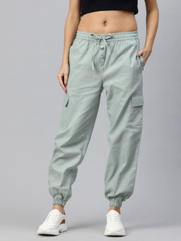 Popnetic - Women Solid Sea Green Cotton Cargo Joggers