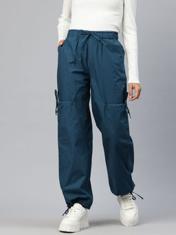 Popnetic - Women Loose Fit Teal High-Rise Parachute Cargo Trouser