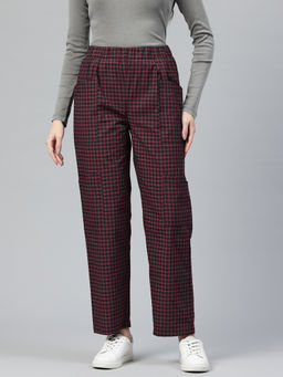Popnetic - Women Checked Red High-Rise Pleated Casual Trouser