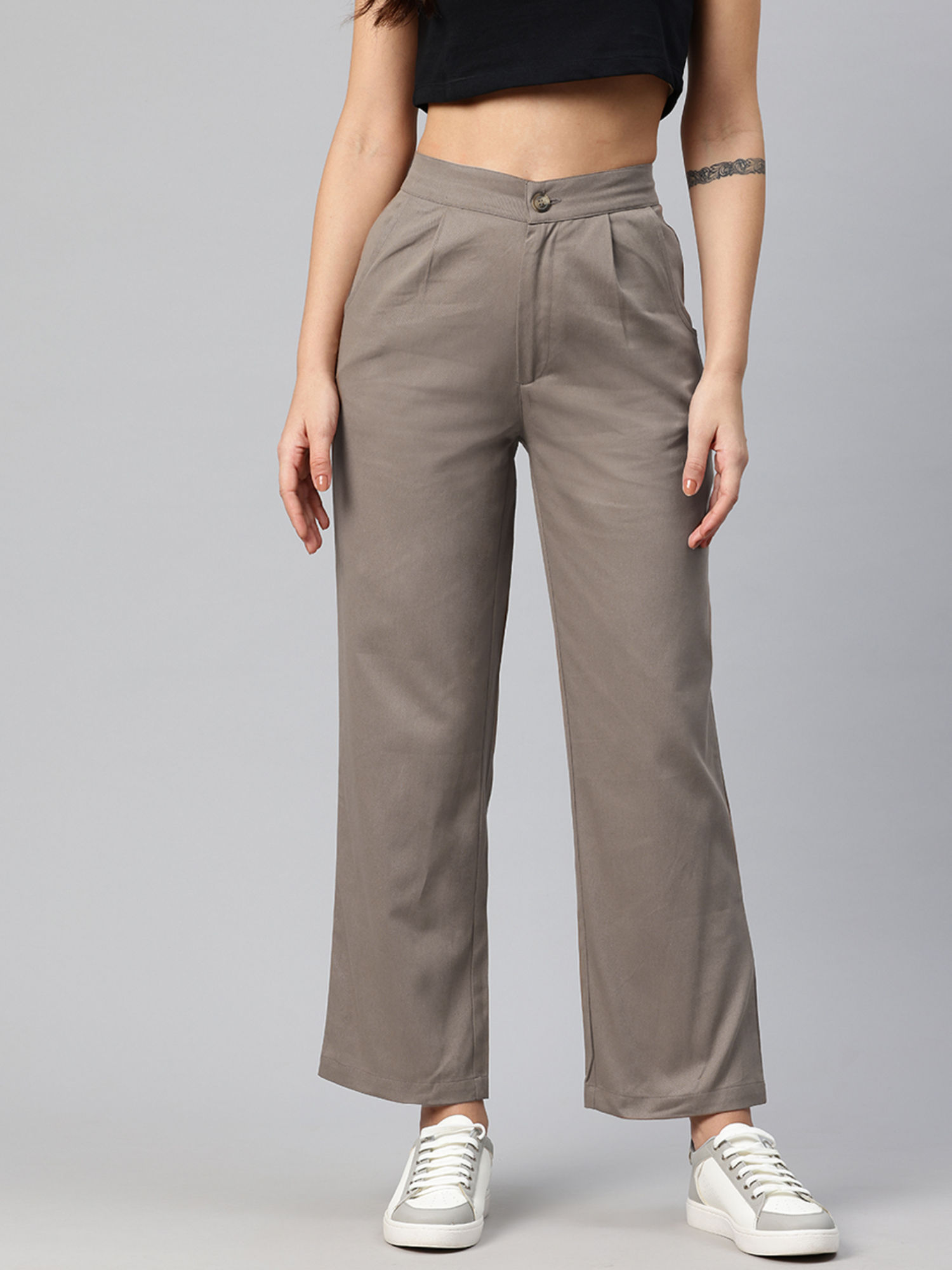 popnetic Women Taupe Cotton Pleated Parallel Trousers-picture-11