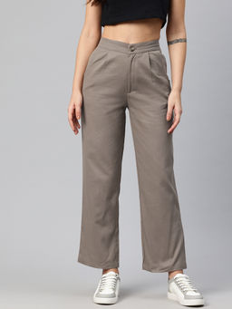 Popnetic - Women Taupe Cotton Pleated Parallel Trousers