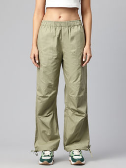 Popnetic - Women Loose Fit Green High-Rise Parachute Cargo Trouser